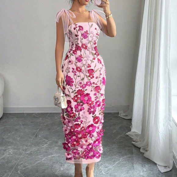 Hot Pink Elegant Women's Mesh 3d Flower print Strap tie Maxi Dress - Picture 1 of 4